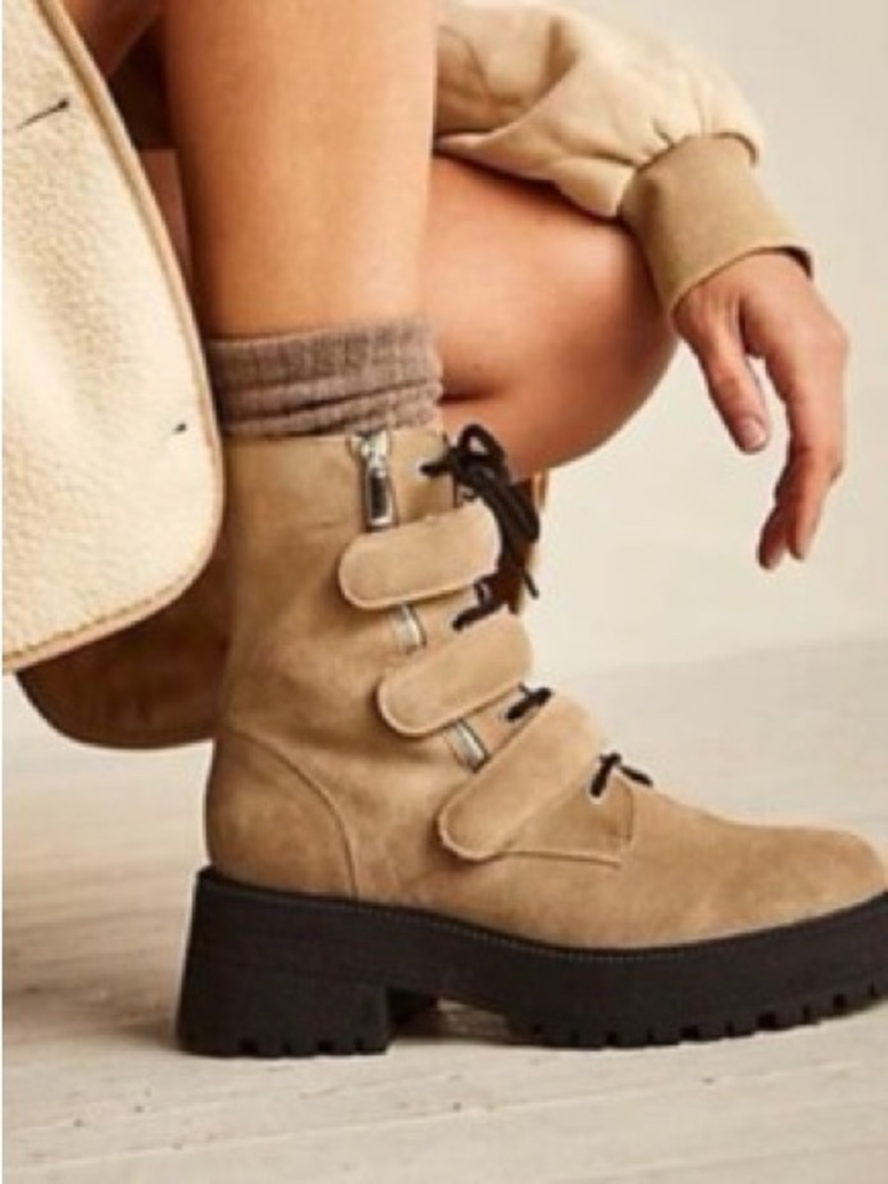 Free People Emmett Combat Moto Boots in Beige Suede